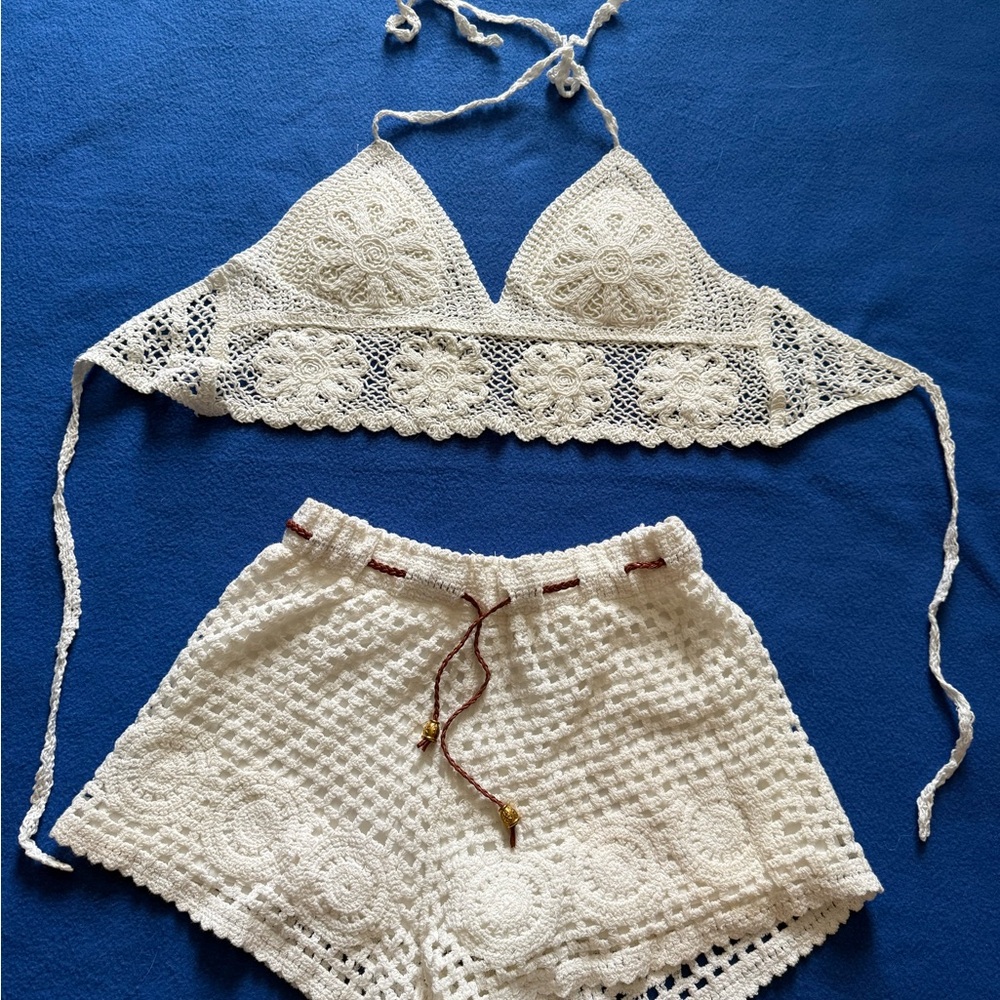 Crochet Halter Top and Shorts Set in white